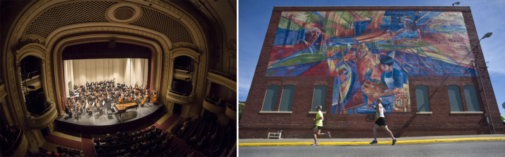 Left: Built in 1916 as a vaudeville house, the Orpheum Theatre welcomed many early stars of stage and screen to downtown Galesburg. Today, it hosts fine and popular entertainment in addition to being home to the numerous performing arts and nonprofit organizations that bring dance, film, music, and theater to Galesburg’s visitors and residents alike. Photo courtesy of Lucas Wood for the Knox-Galesburg Symphony. Right: Runners in Galesburg’s half marathon, “Run Galesburg Run,” pass the Discovery Depot Children’s Museum as they head toward the finish line. Photo by Kent Kriegshauser.